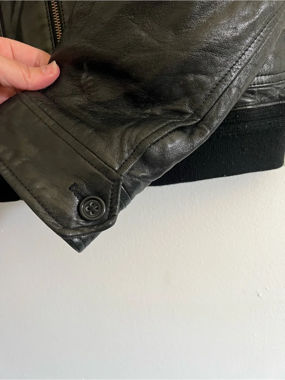 Banana Republic Black Leather Bomber Jacket with Ribbed Trim